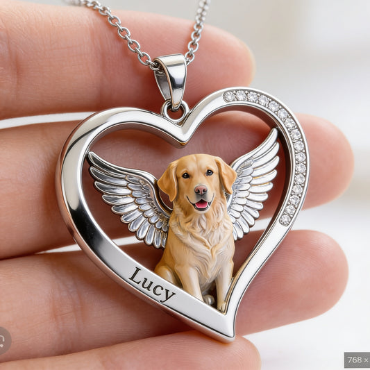 Golden Retriever Angel Wings Heart Necklace, Personalized Pet Loss Memorial Jewelry Gift for Dog Lovers