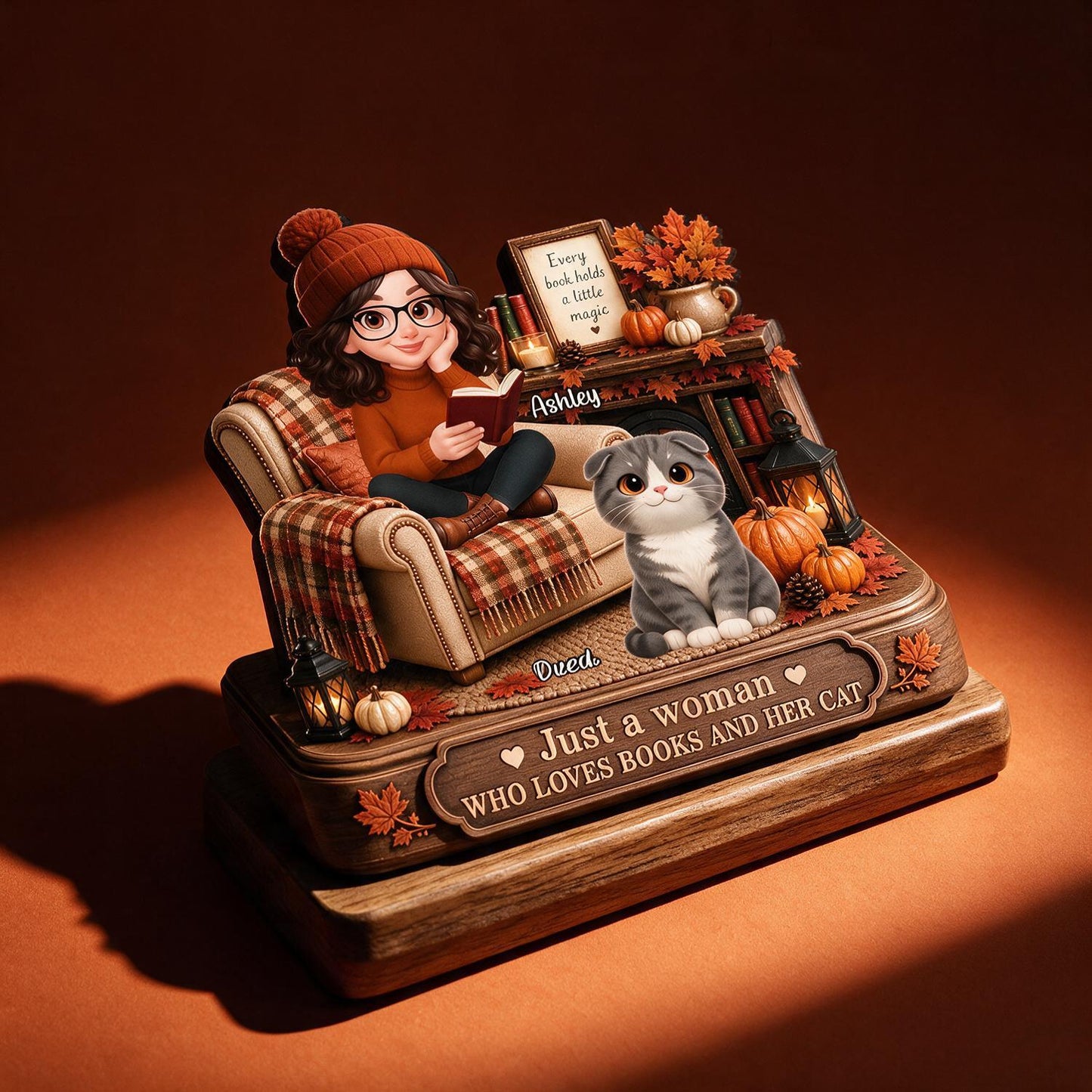 Fall Just a Woman Who Loves Books and Her Cat Personalized 2-Layer Wooden Plaque - Book Lover Cat Mom Autumn Gift