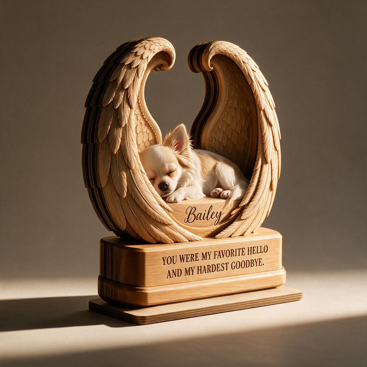 Personalized Sleeping Chihuahua in Angel Wings 2-Layer Wooden Pet Memorial Plaque - Dog Loss Sympathy Gift Keepsake