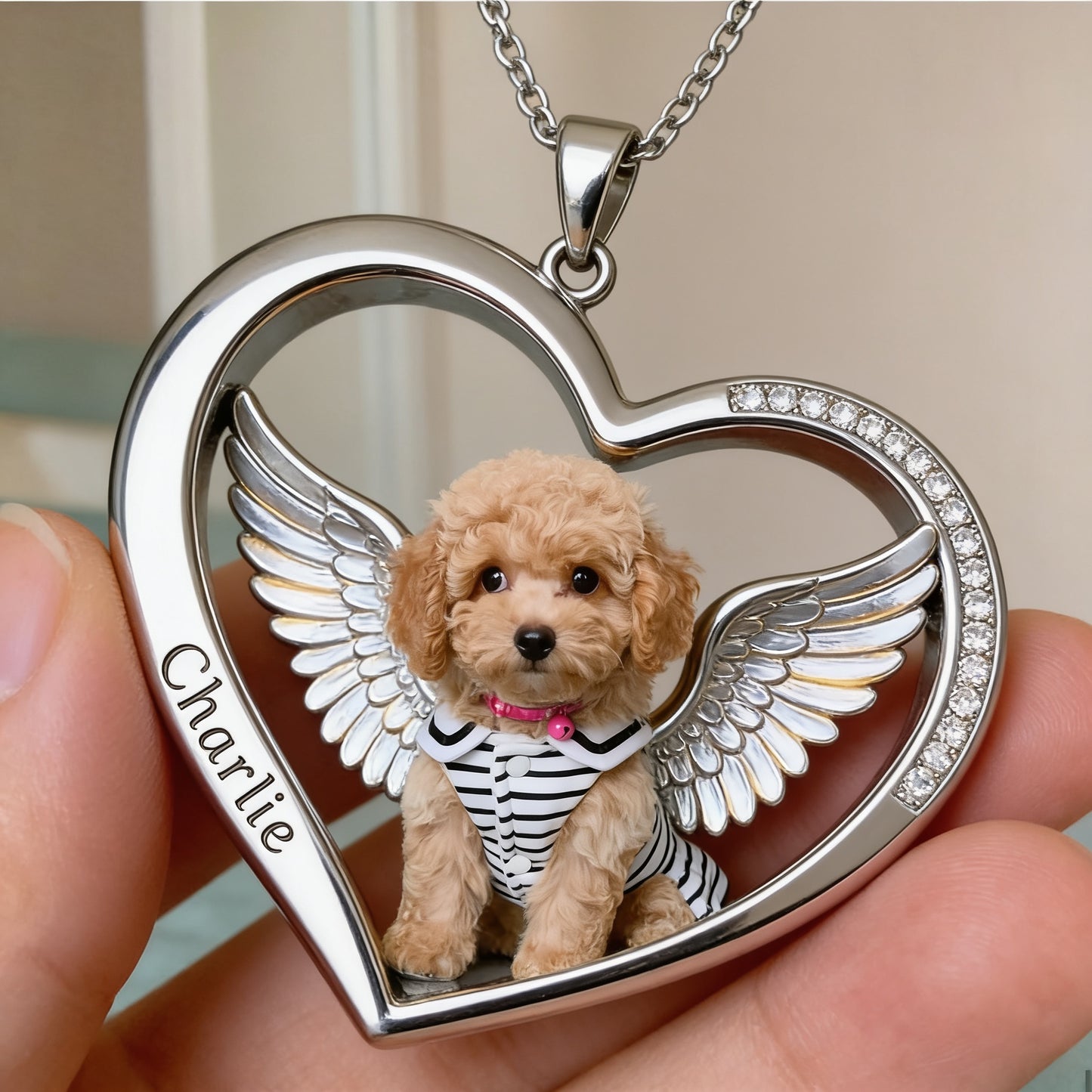 Puppy Poodle Angel Wings Heart Necklace, Personalized Pet Loss Memorial Jewelry Gift for Dog Lovers
