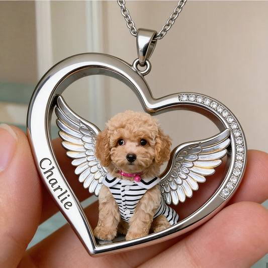 Puppy Poodle Angel Wings Heart Necklace, Personalized Pet Loss Memorial Jewelry Gift for Dog Lovers
