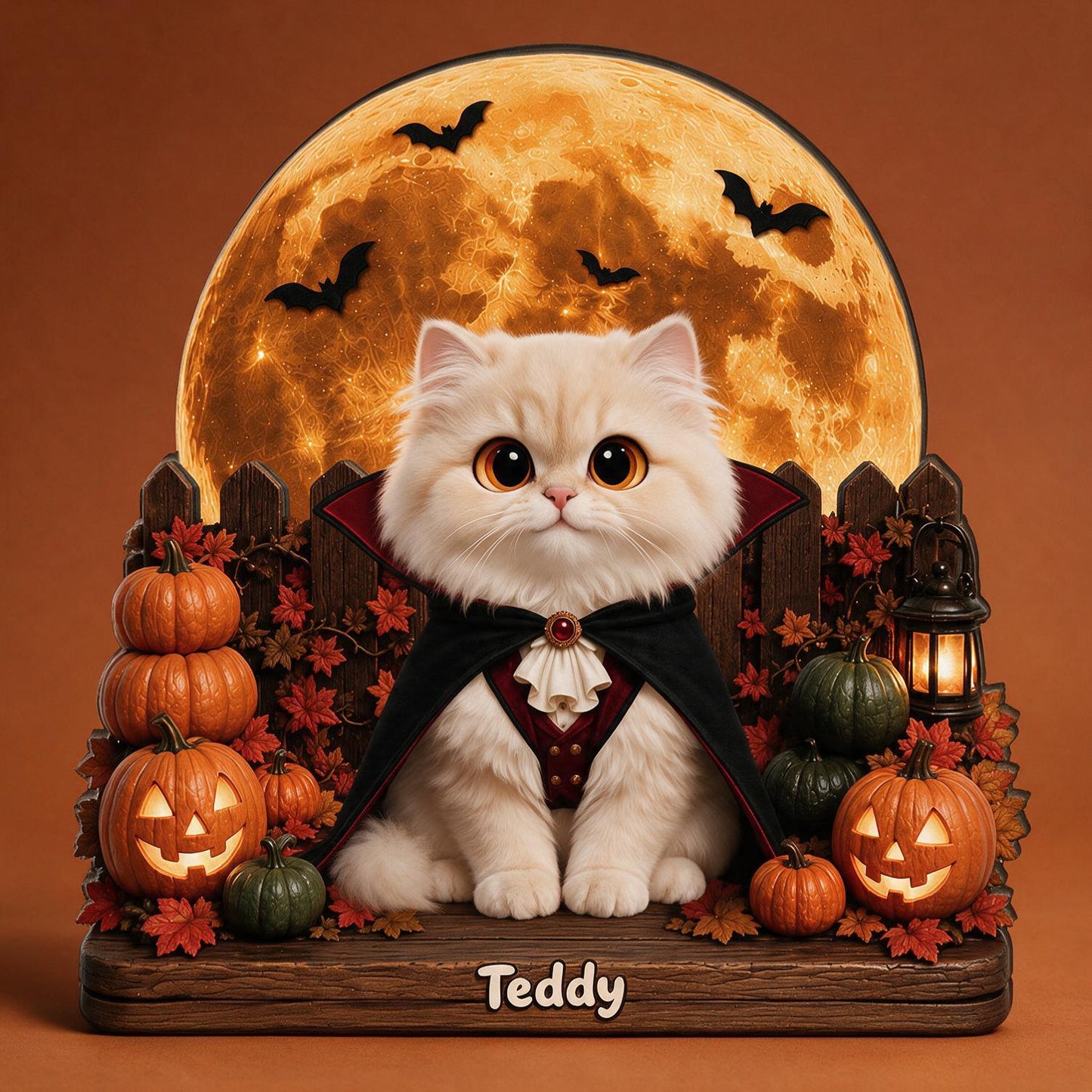 Personalized 2-Layer Wooden Halloween Plaque - Spooky Vampire Cat With Pumpkins, Custom Name Gift for Cat Lovers