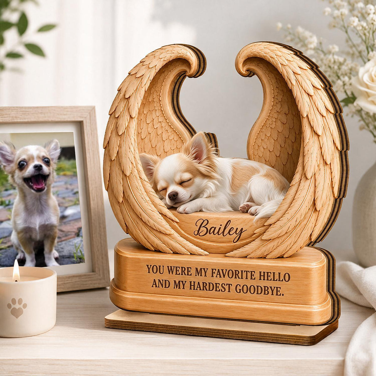 Personalized Sleeping Chihuahua in Angel Wings 2-Layer Wooden Pet Memorial Plaque - Dog Loss Sympathy Gift Keepsake