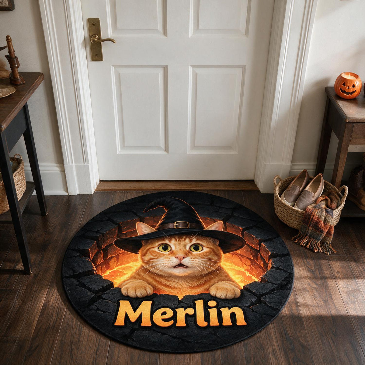 Personalized Halloween Orange Tabby Cat Witch Hat Round Doormat | Cat Mom Gift
