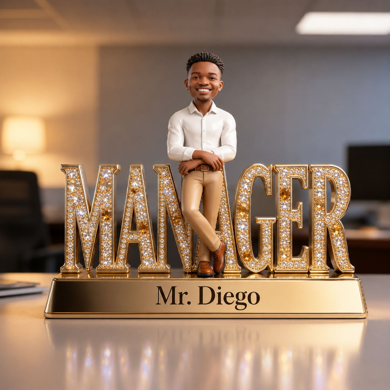 Custom Black Male Manager Desk Nameplate Plaque - Personalized Men Boss Figurine, Gold Crystal Office Decor Gift
