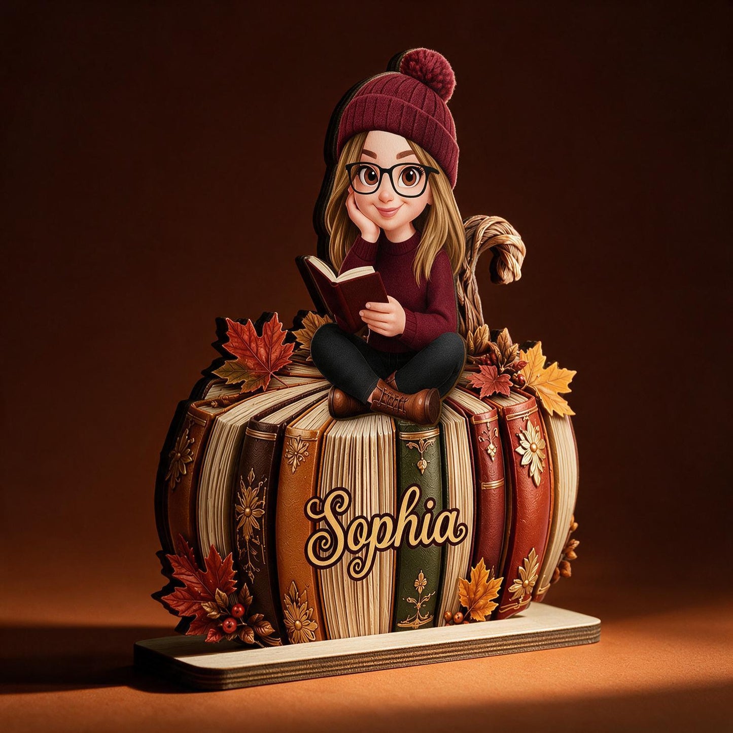Personalized Fall Girl Reading Pumpkin Books 2-Layer Wooden Plaque - Book Lover Daughter Autumn Gift Home Decor