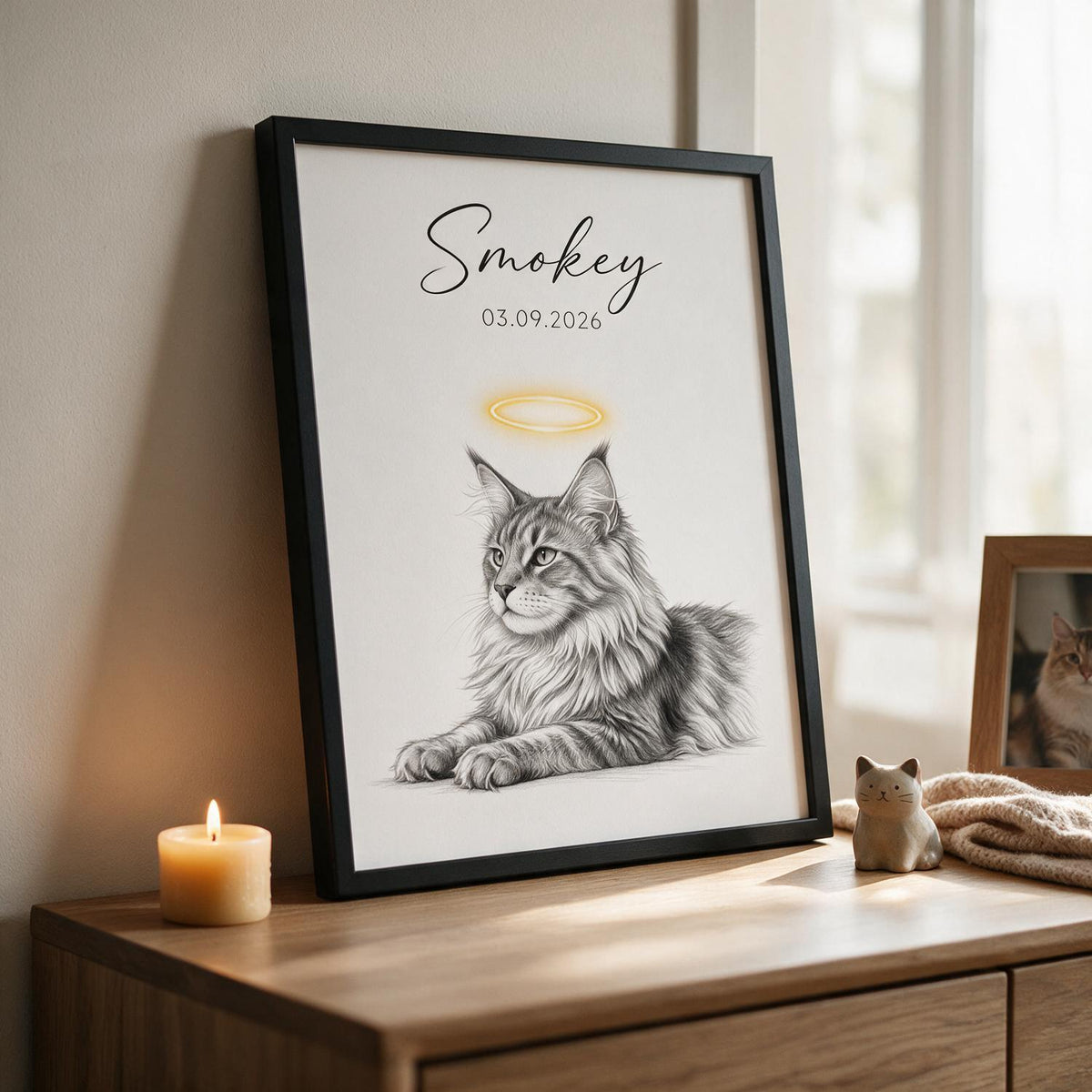 Personalized Fluffy Tabby Maine Coon Cat Memorial Framed Poster - Pet Loss Sympathy Gift