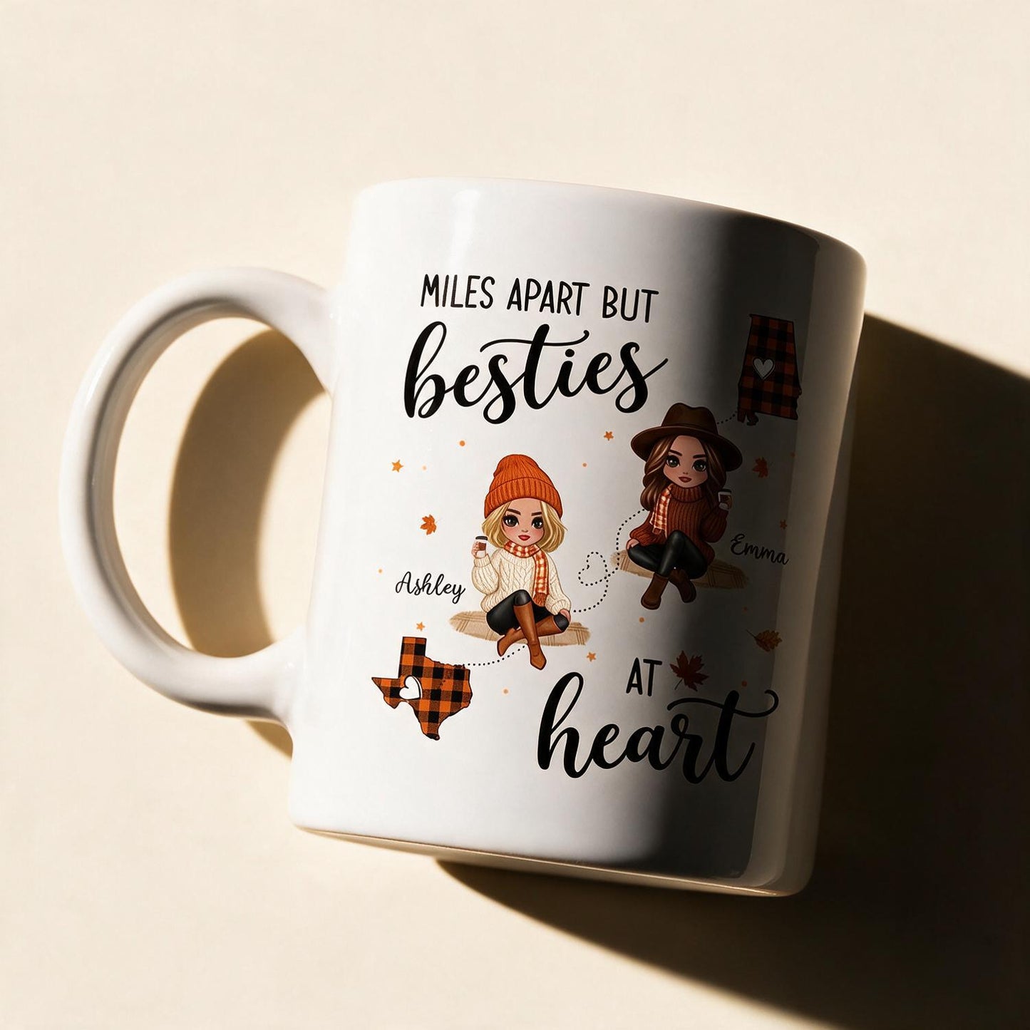 Personalized Fall Plaid Long Distance Besties Mug, Miles Apart Best Friends Gift with Custom States