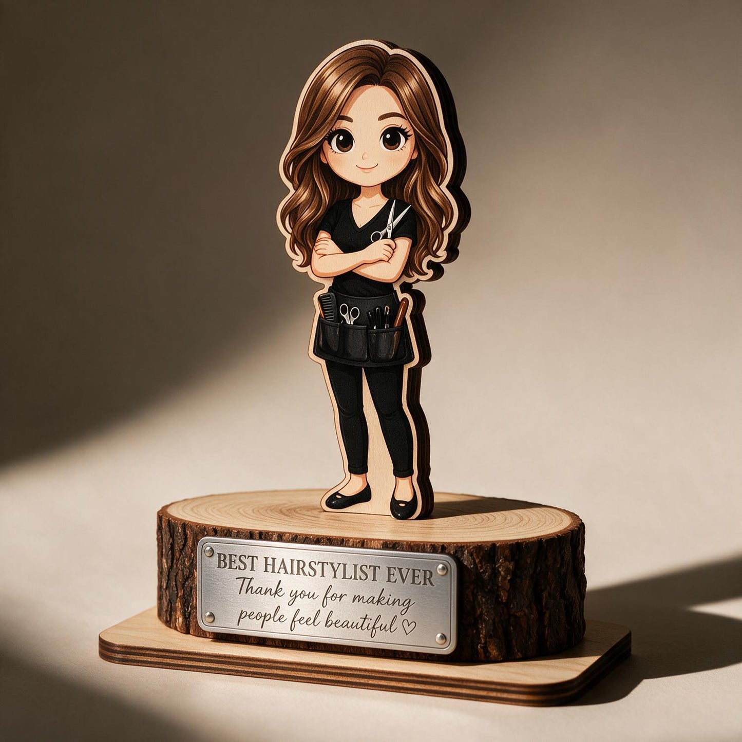 Best Hairstylist Ever 2-Layered Wooden Plaque - Chibi Hairstylist Desk Decor - Thoughtful Salon Appreciation Gift for Her