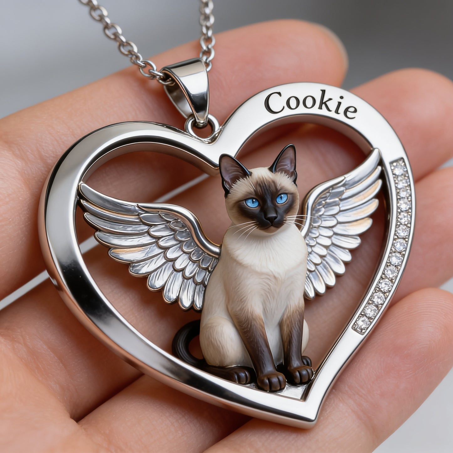 Siamese Cat Angel Wings Heart Necklace, Personalized Pet Loss Memorial Jewelry Gift for Cat Lovers