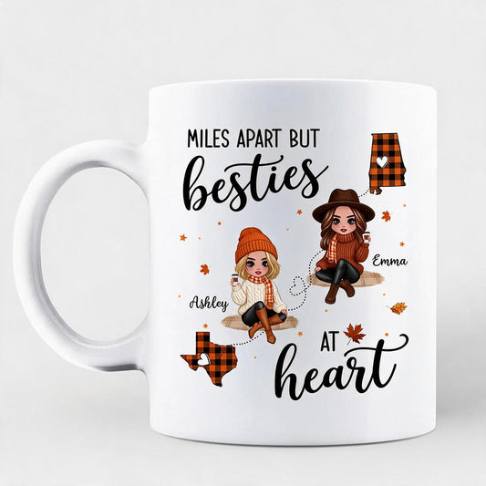 Personalized Fall Plaid Long Distance Besties Mug, Miles Apart Best Friends Gift with Custom States