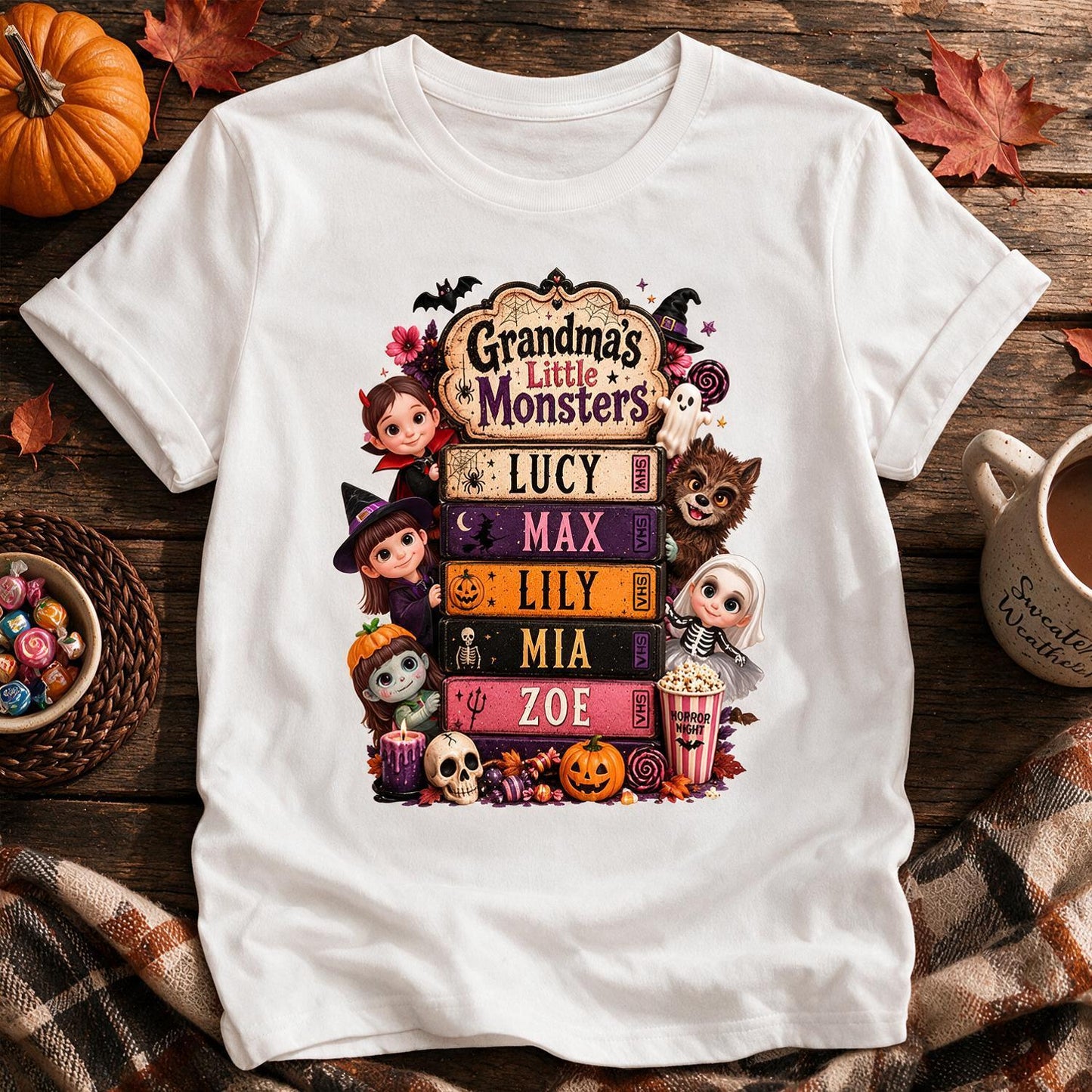 Grandma's Little Monsters Retro Halloween VHS Shirt - Personalized Halloween Gift for Grandma with Custom Grandkids Names
