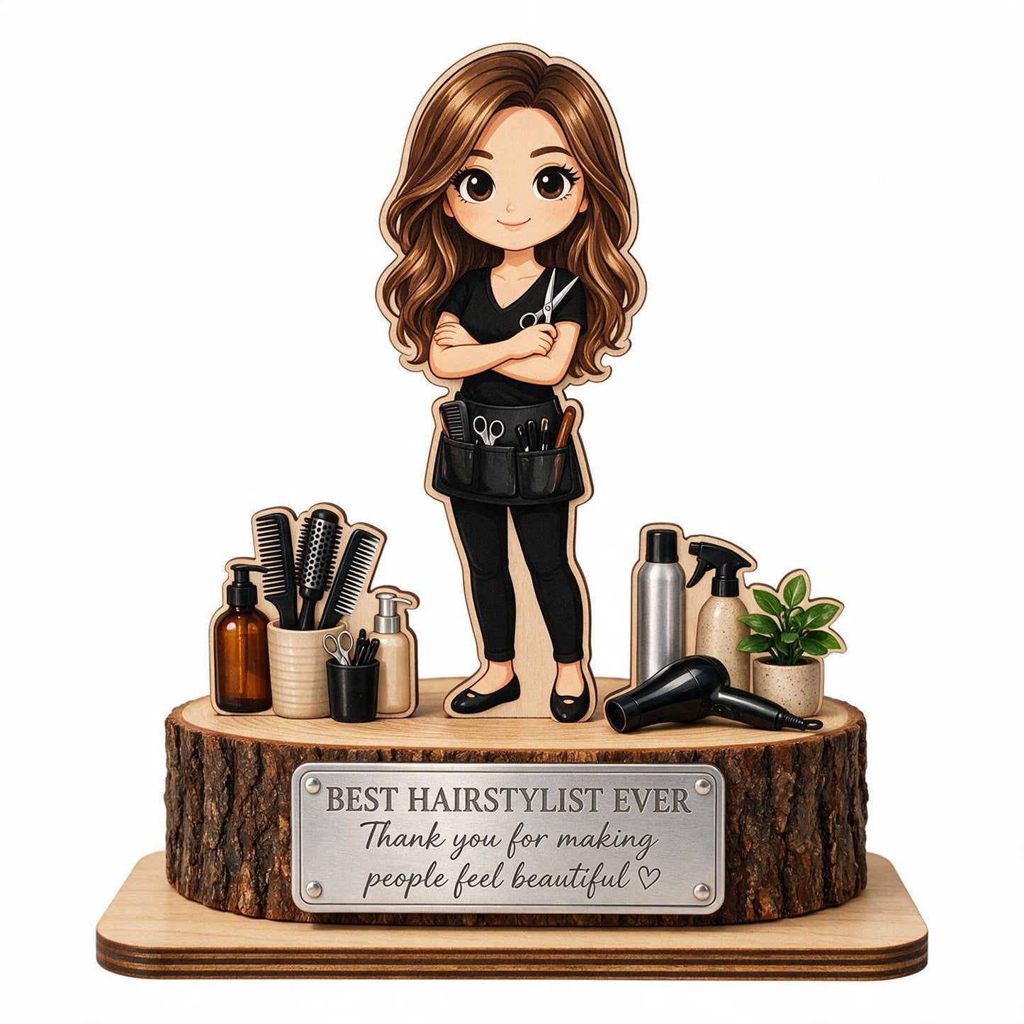 Best Hairstylist Ever 2-Layered Wooden Plaque - Chibi Hairstylist Desk Decor - Thoughtful Salon Appreciation Gift for Her