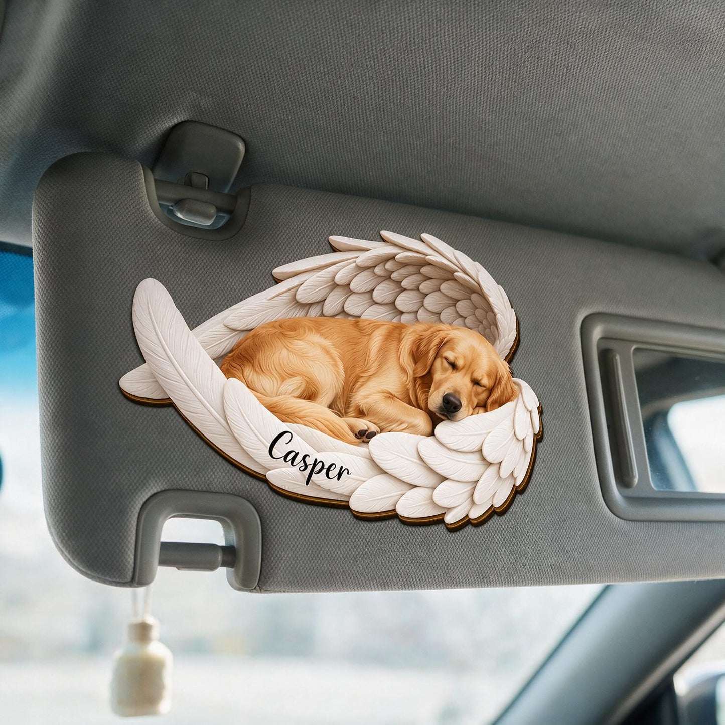 Personalized Sleeping Golden Retriever in Angel Wings Pet Memorial Car Visor Clip - Custom Name Sympathy Gift for Dog Loss
