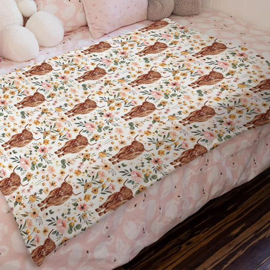 Floral Highland Cow Pattern Highland Cow Blanket 0624
