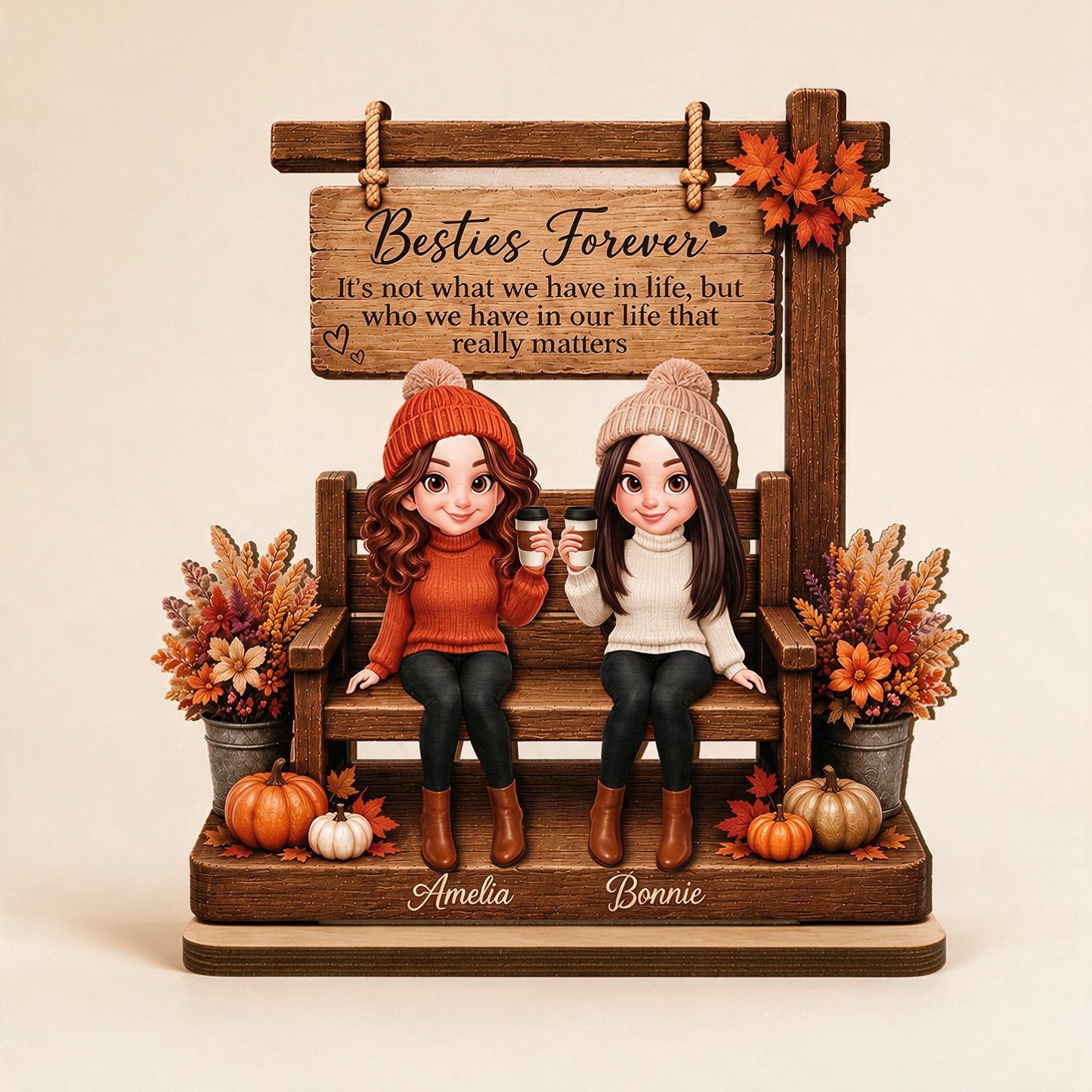Personalized Fall Best Friends Forever Wooden Plaque - Custom Name Standing Desk Decor Gift for Bestie