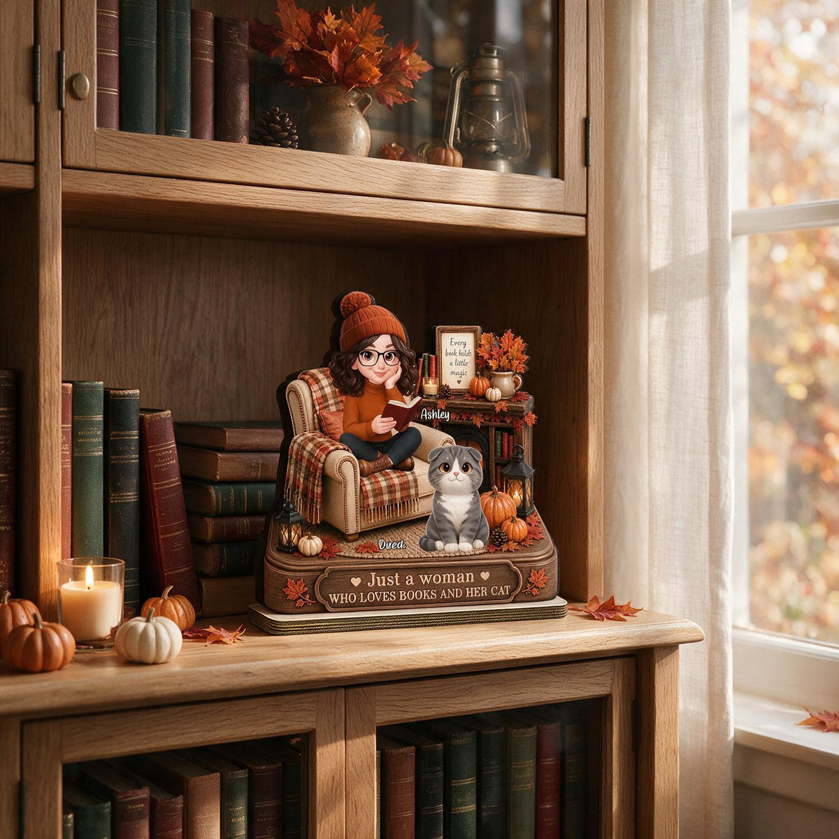 Fall Just a Woman Who Loves Books and Her Cat Personalized 2-Layer Wooden Plaque - Book Lover Cat Mom Autumn Gift