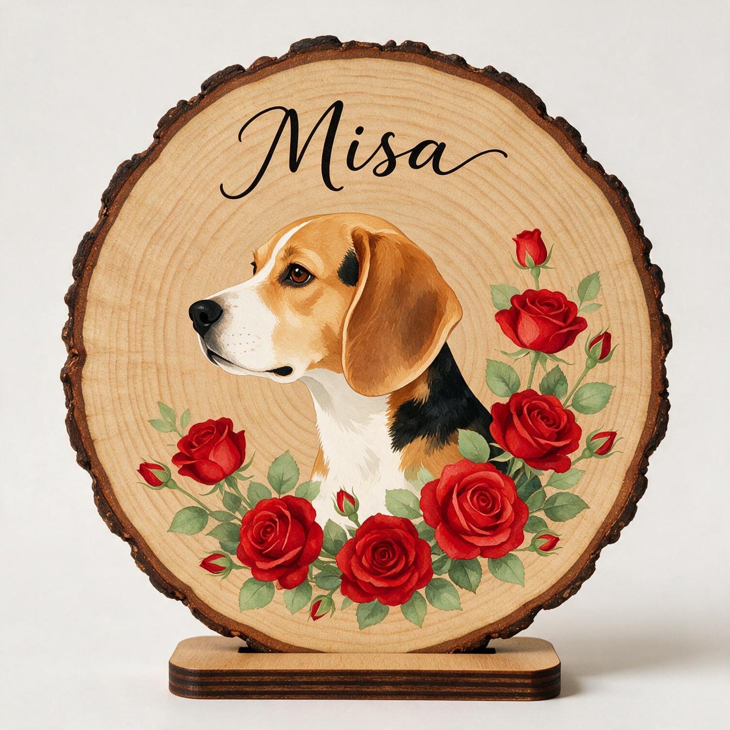 Personalized Beagle Red Roses 2-Layer Wooden Plaque - Custom Pet Memorial Gift for Dog Lovers
