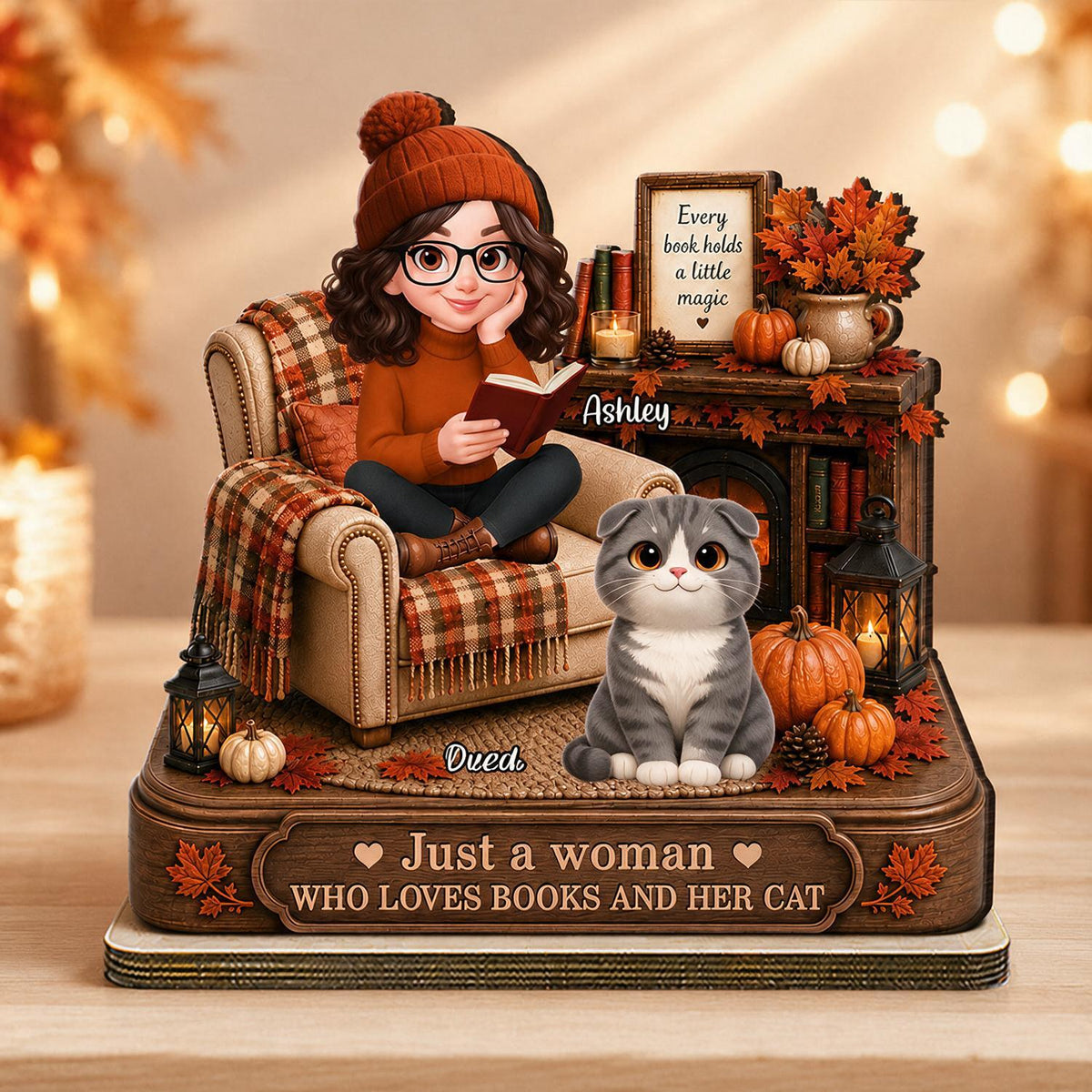 Fall Just a Woman Who Loves Books and Her Cat Personalized 2-Layer Wooden Plaque - Book Lover Cat Mom Autumn Gift