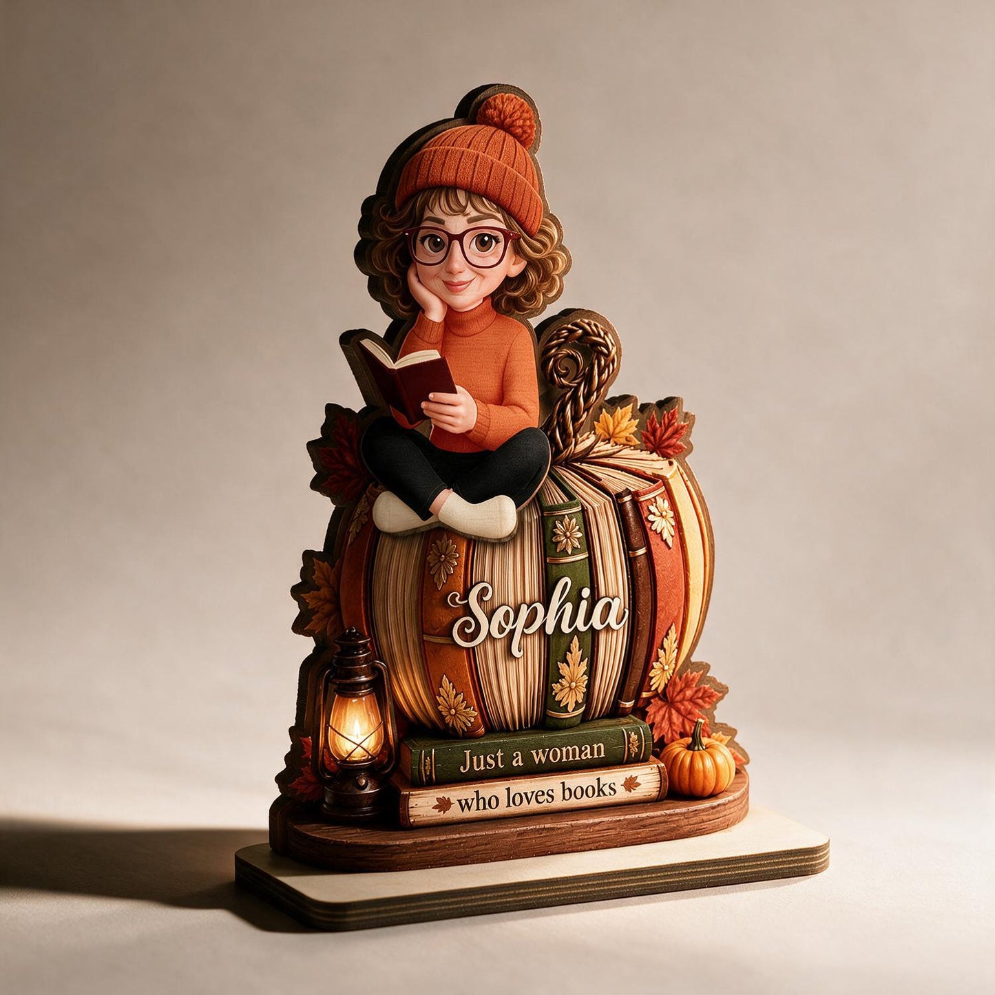 Personalized Fall Book Pumpkin 2-Layer Wooden Plaque - Girl Reading Autumn Decor Gift for Book Lovers