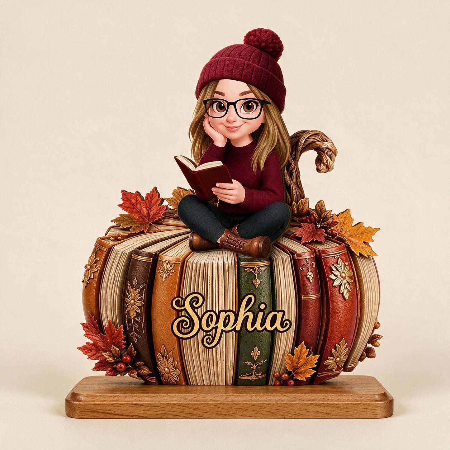 Personalized Fall Girl Reading Pumpkin Books 2-Layer Wooden Plaque - Book Lover Daughter Autumn Gift Home Decor