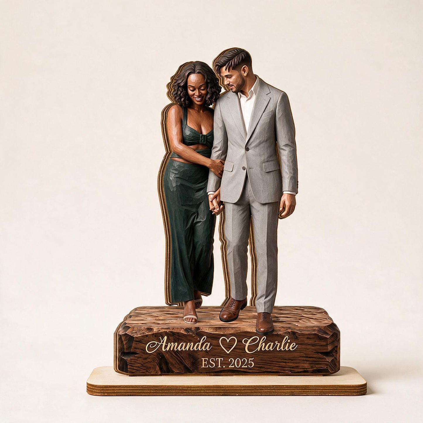 Personalized Couple 2-Layer Wooden Portrait Plaque - Custom Names & Date Wedding Anniversary Gift for Her Him