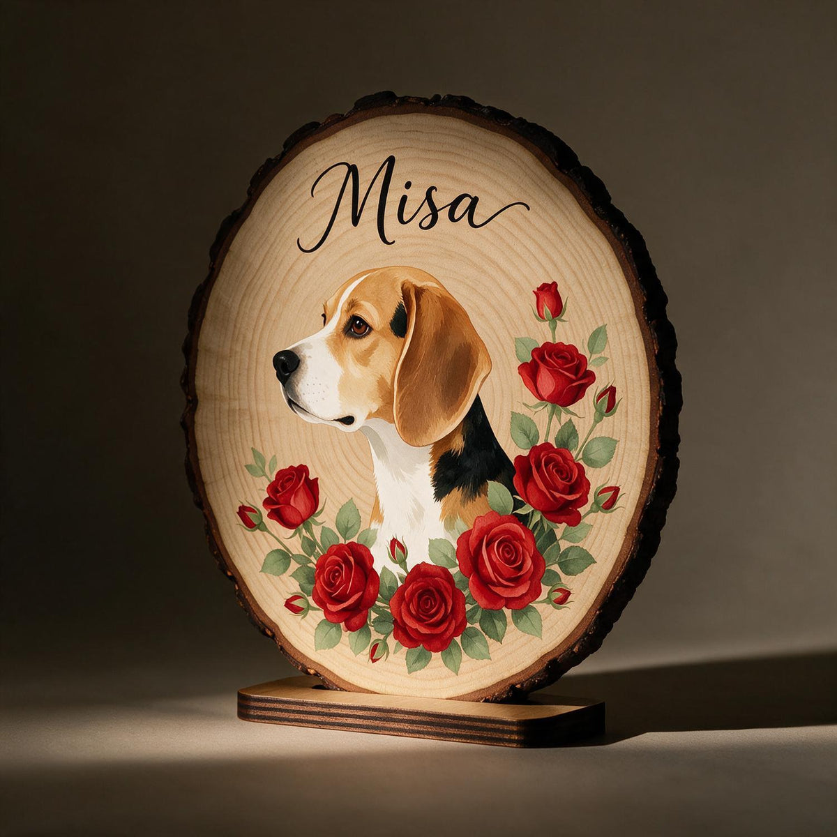 Personalized Beagle Red Roses 2-Layer Wooden Plaque - Custom Pet Memorial Gift for Dog Lovers