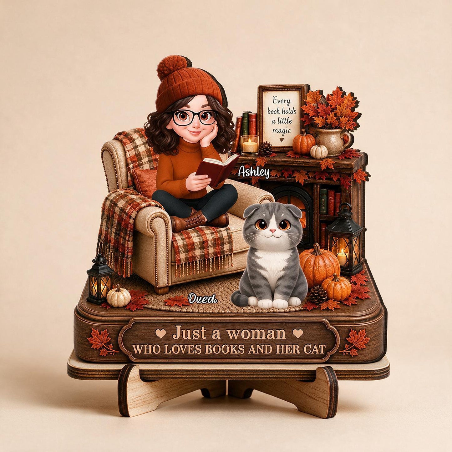 Fall Just a Woman Who Loves Books and Her Cat Personalized 2-Layer Wooden Plaque - Book Lover Cat Mom Autumn Gift