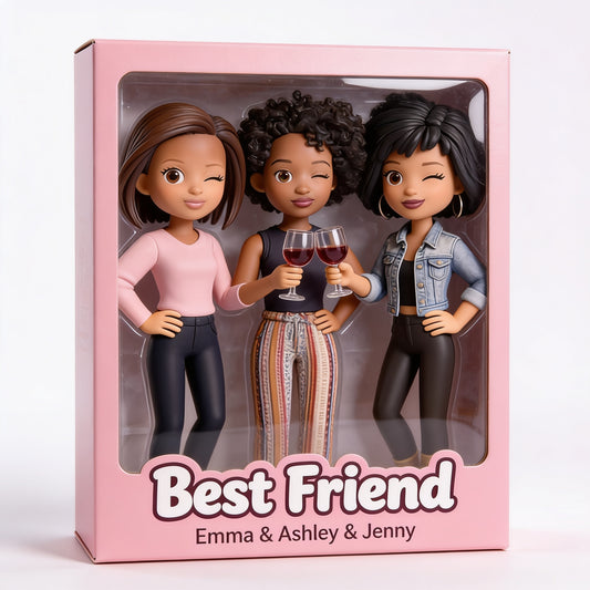 Personalized Black Bestie Trio Dolls Figurine Set - Custom Female Best Friends Wine Tasting Desk Ornament Gift