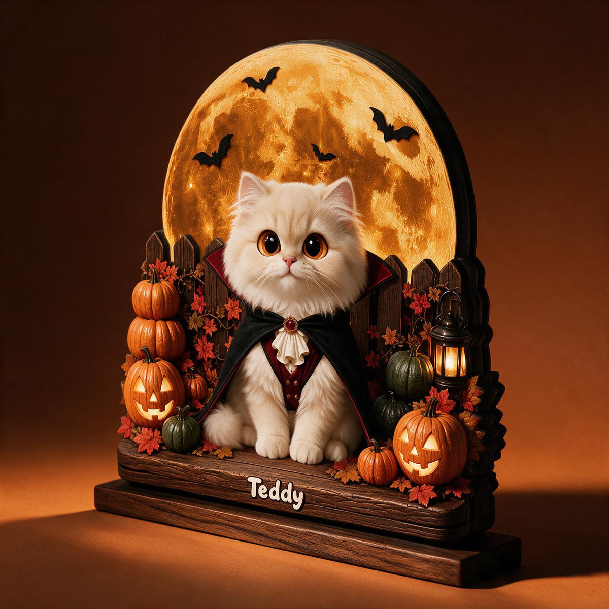 Personalized 2-Layer Wooden Halloween Plaque - Spooky Vampire Cat With Pumpkins, Custom Name Gift for Cat Lovers