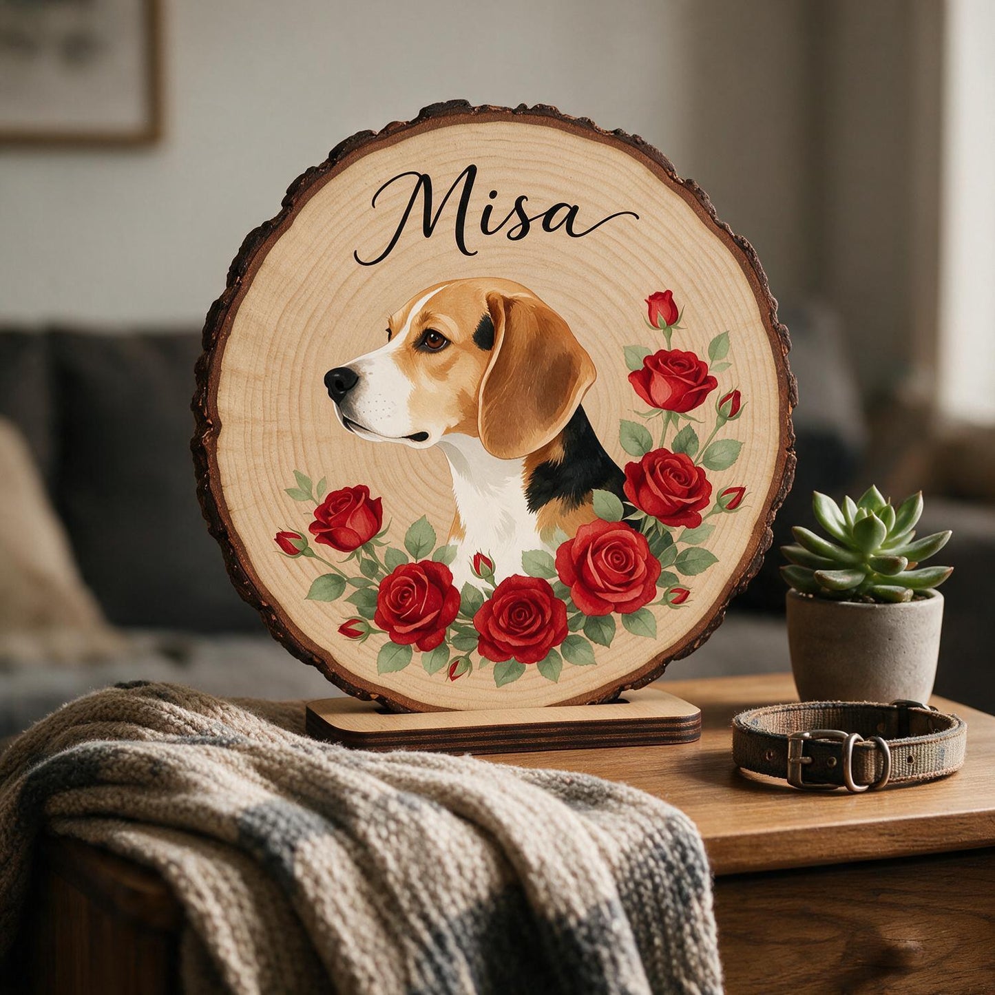 Personalized Beagle Red Roses 2-Layer Wooden Plaque - Custom Pet Memorial Gift for Dog Lovers