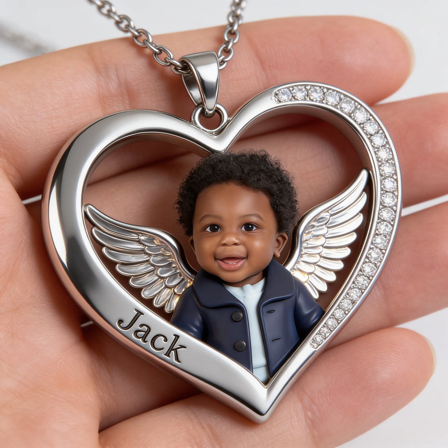 Custom Black Little Boy Photo Shaped Metal Pendant Necklace Personalized Son Picture Memorial Jewelry Sweet Gift for Moms Casual Wear Travel Accessory