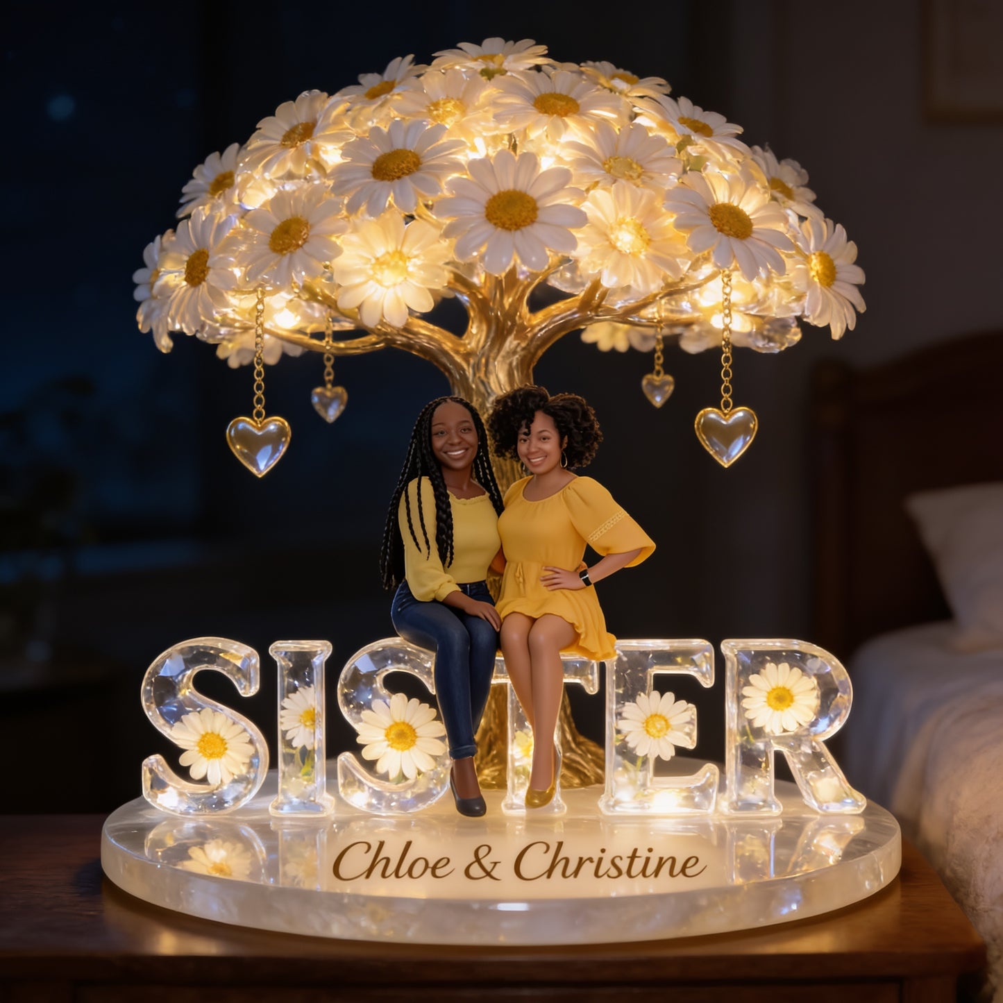 Custom Any Photo Sister Acrylic LED Night Light – Personalized Daisy Tree Lamp Gift for Sisters, Best Friends Birthday Home Bedroom Decor