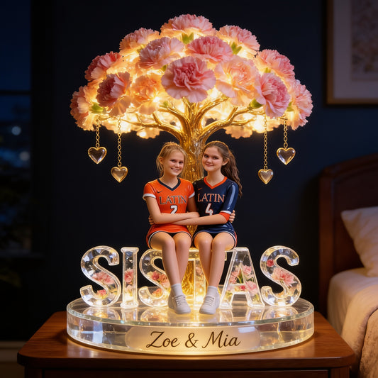 Custom Any Photo Latin Sisters Acrylic LED Night Light – Personalized Pink Carnation Tree Lamp Gift for Sisters Bedroom Decor