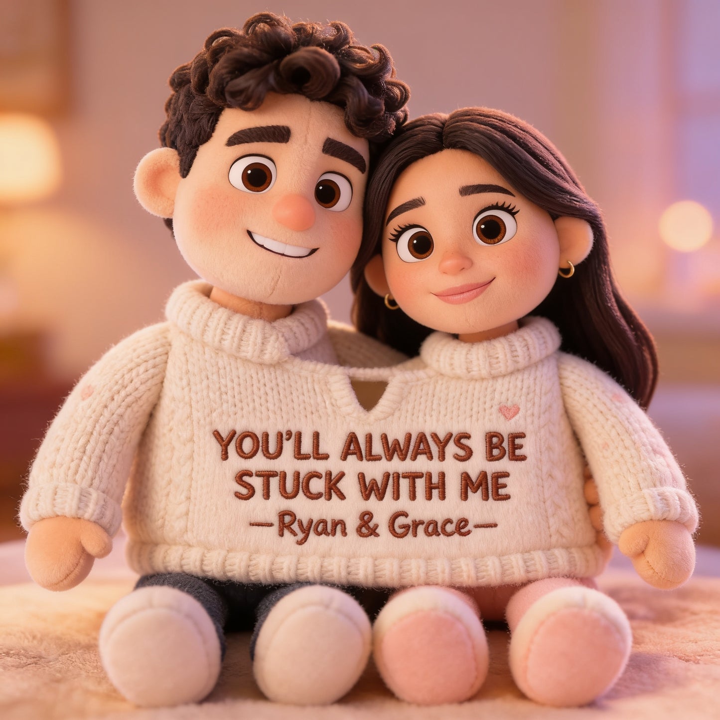 Personalized Latino Couple Pixar Style Custom Shaped Faux Fur Pillow - Cute Cartoon Hispanic Anniversary Gift Couch Cushion Bed Decor