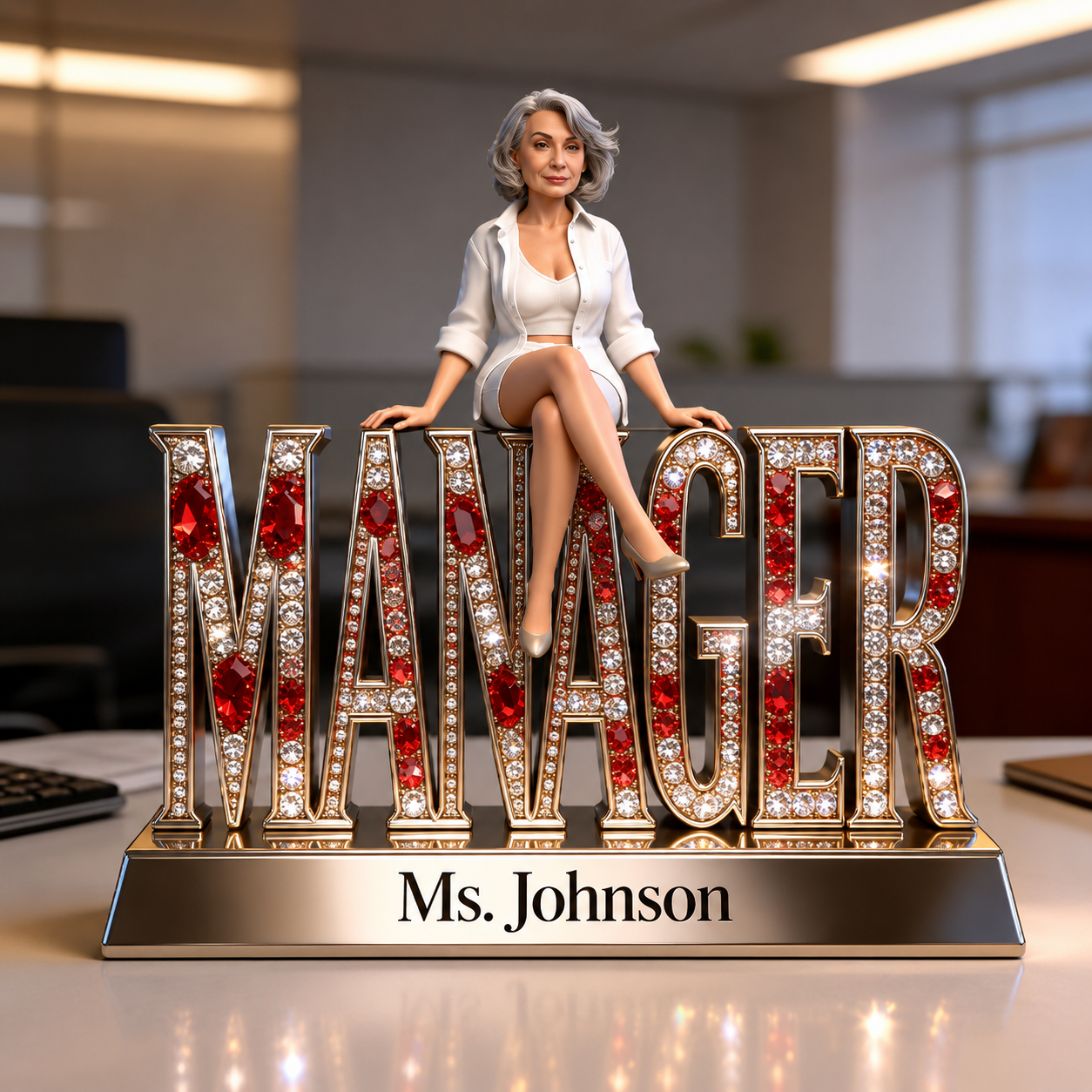 Custom Older Female Manager Desk Nameplate Plaque - Personalized Senior Boss Figurine, Ruby Crystal Office Decor
