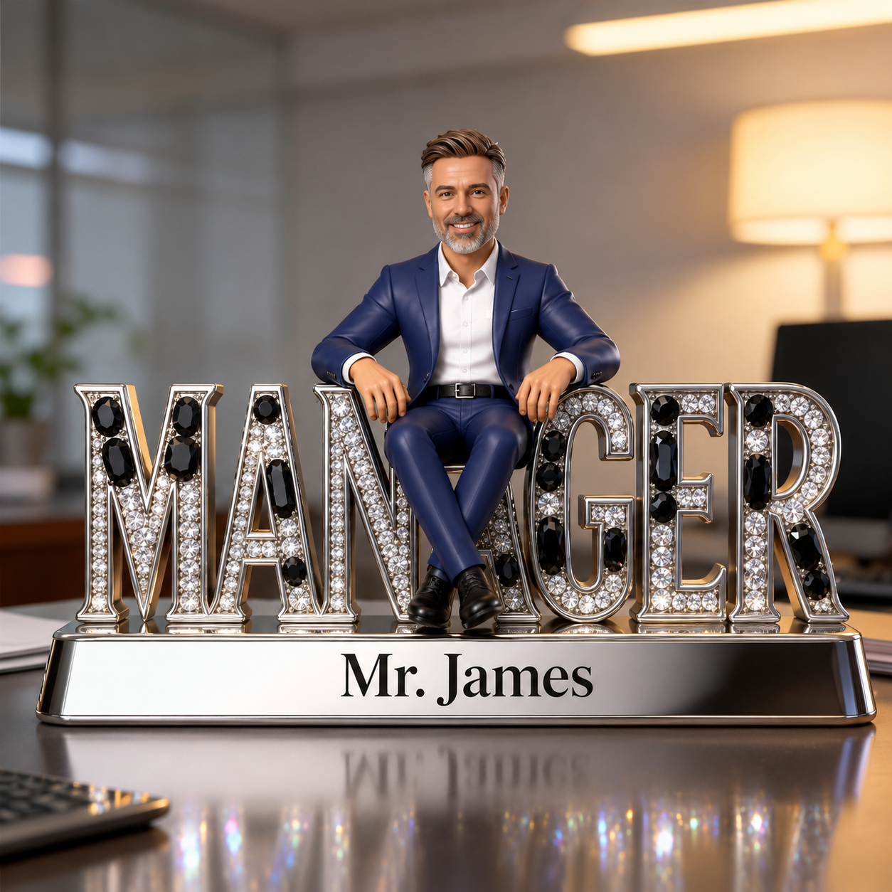 Custom Older Male Manager Desk Nameplate Plaque - Personalized Senior Boss Figurine, Black Onyx Office Decor Gift