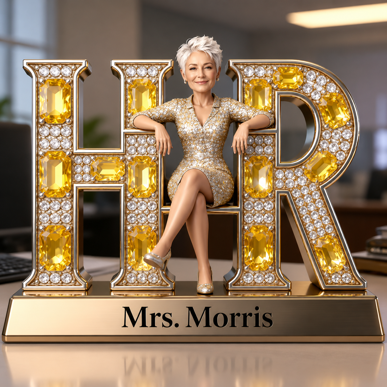 Custom Older Female HR Desk Nameplate - Personalized Human Resources Figurine, Office Decor Acrylic Plaque, Retirement Gift