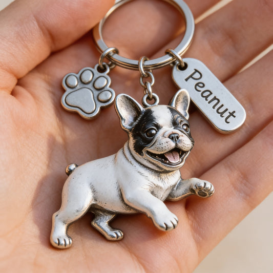 Personalized French Bulldog Dog Keychain with Charm, Custom Name French Bulldog Dog Paw Keyring, Pet Gift