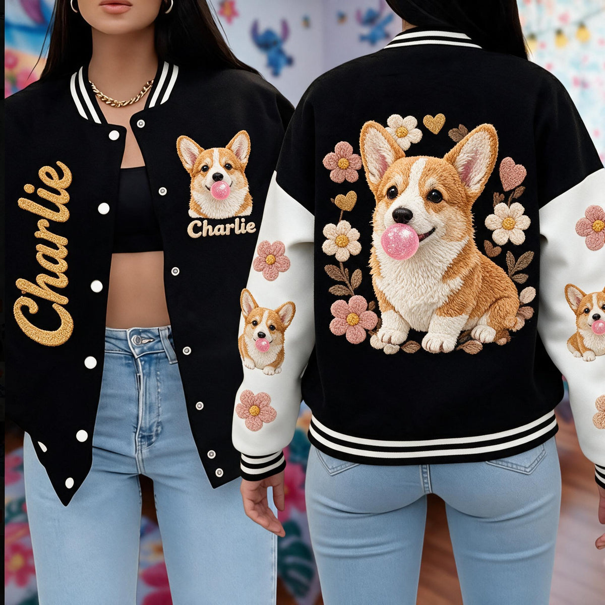 Personalized Tan and White Pembroke Welsh Corgi Varsity Jacket Dog Lover Gift
