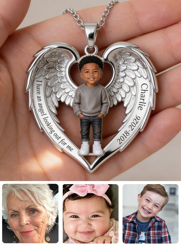 Personalized Black Little Boy Memorial Angel Wing Pendant Necklace