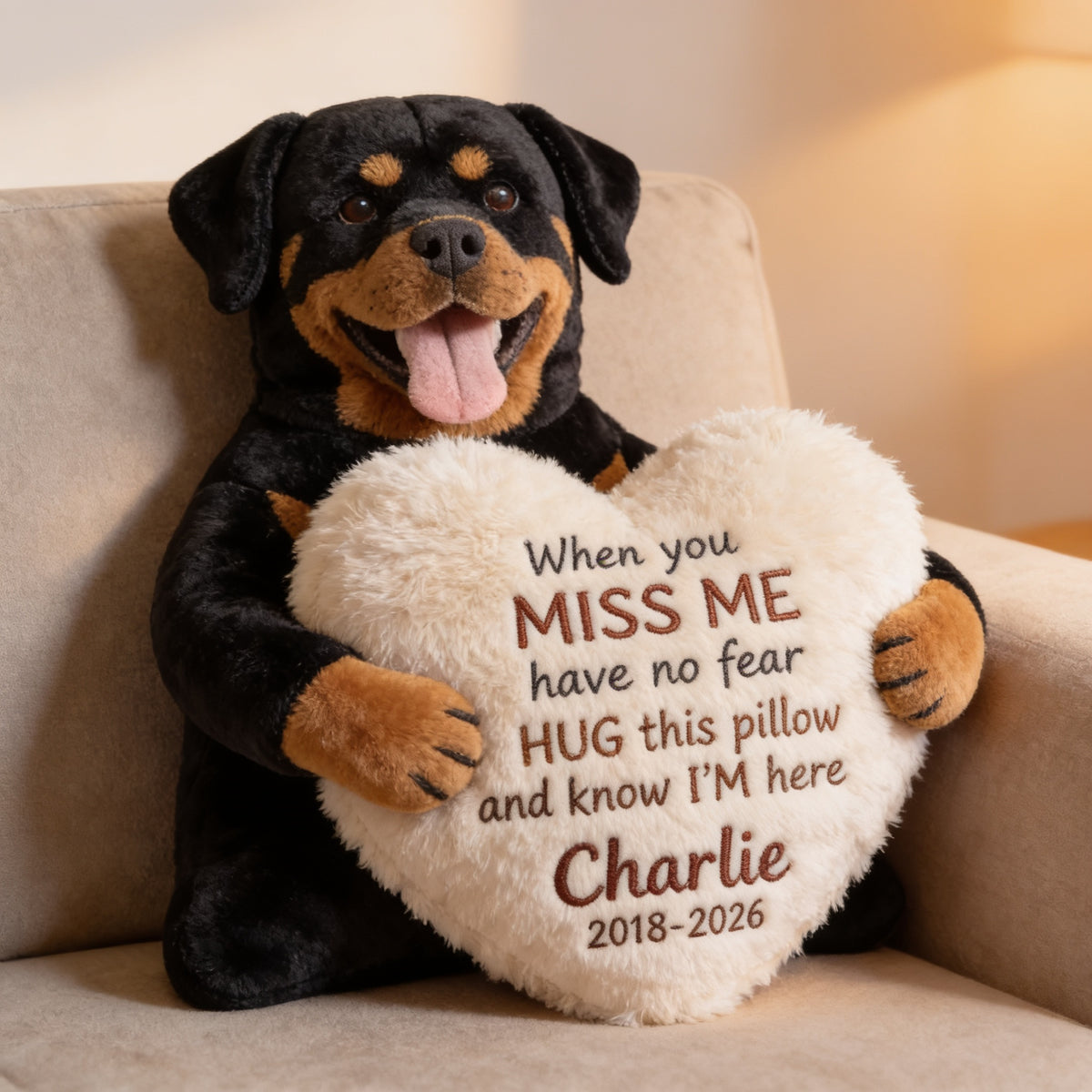Personalized Adult Black and Tan Rottweiler Memorial Faux Fur Shaped Pillow