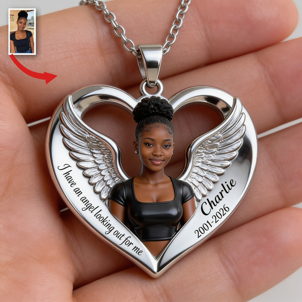 Personalized Memorial Black Woman Angel Wing Heart Pendant Necklace