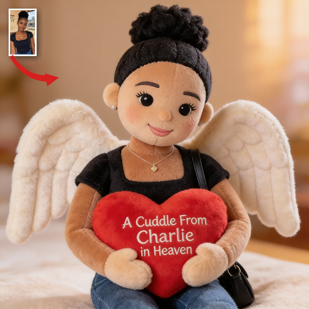 Personalized Memorial Black Woman Angel Shaped Pillow Sympathy Gift