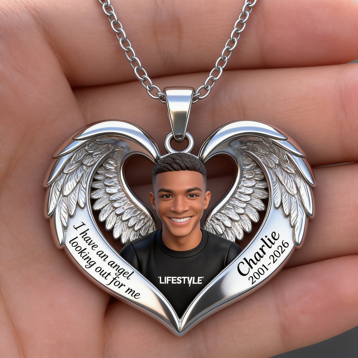 Personalized Memorial Black Man Angel Wing Heart Pendant Necklace Remembrance Gift