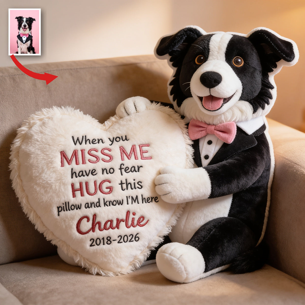Personalized Memorial Border Collie Faux Fur Shaped Pillow Pet Loss Gift