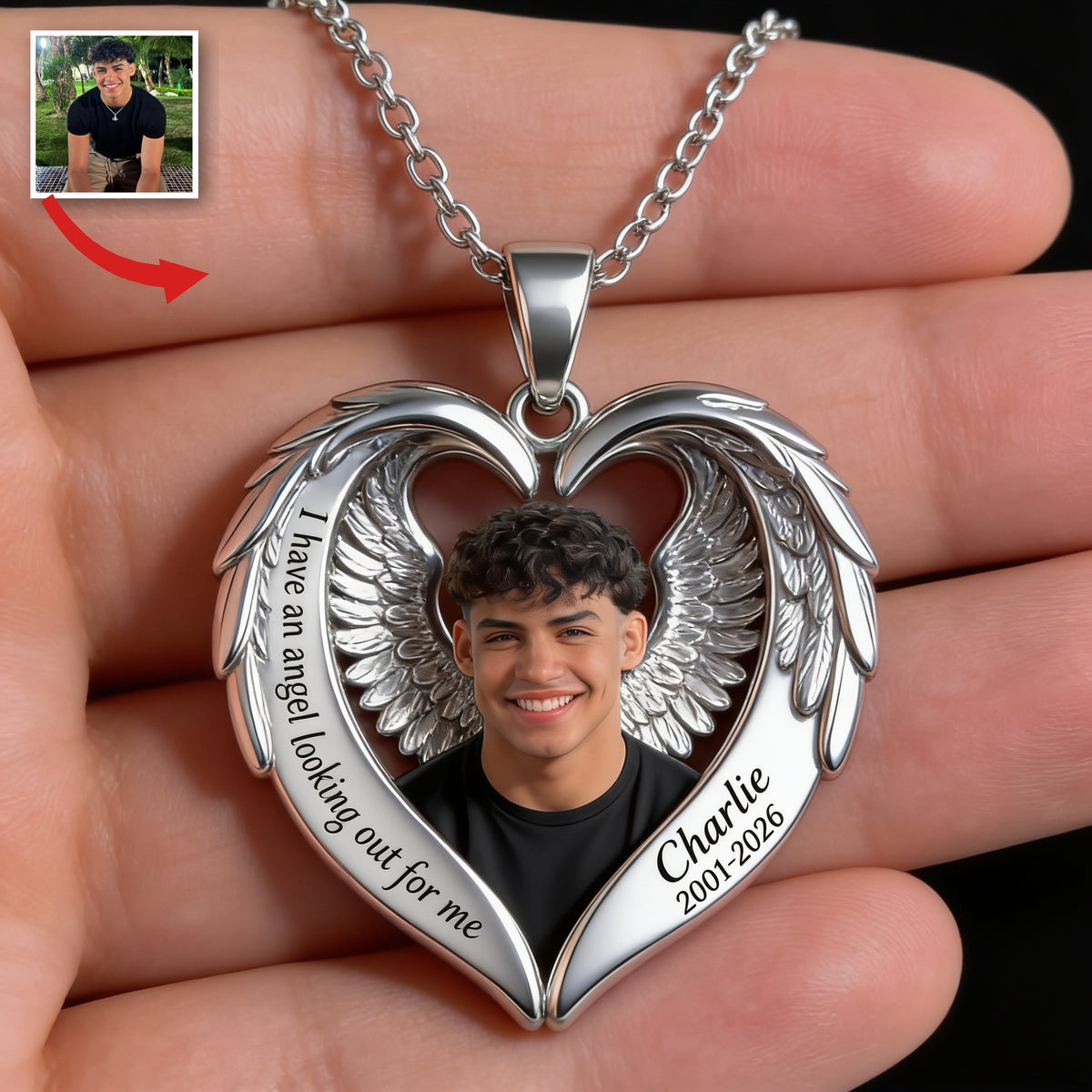 Personalized Memorial Latino Man Heart Photo Pendant Necklace Keepsake