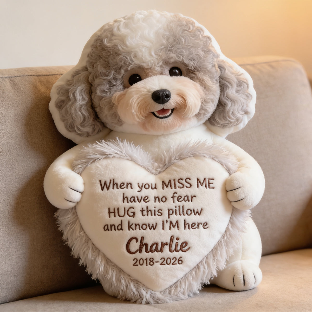 Personalized Curly Fur Poodle Memorial Faux Fur Shaped Pillow