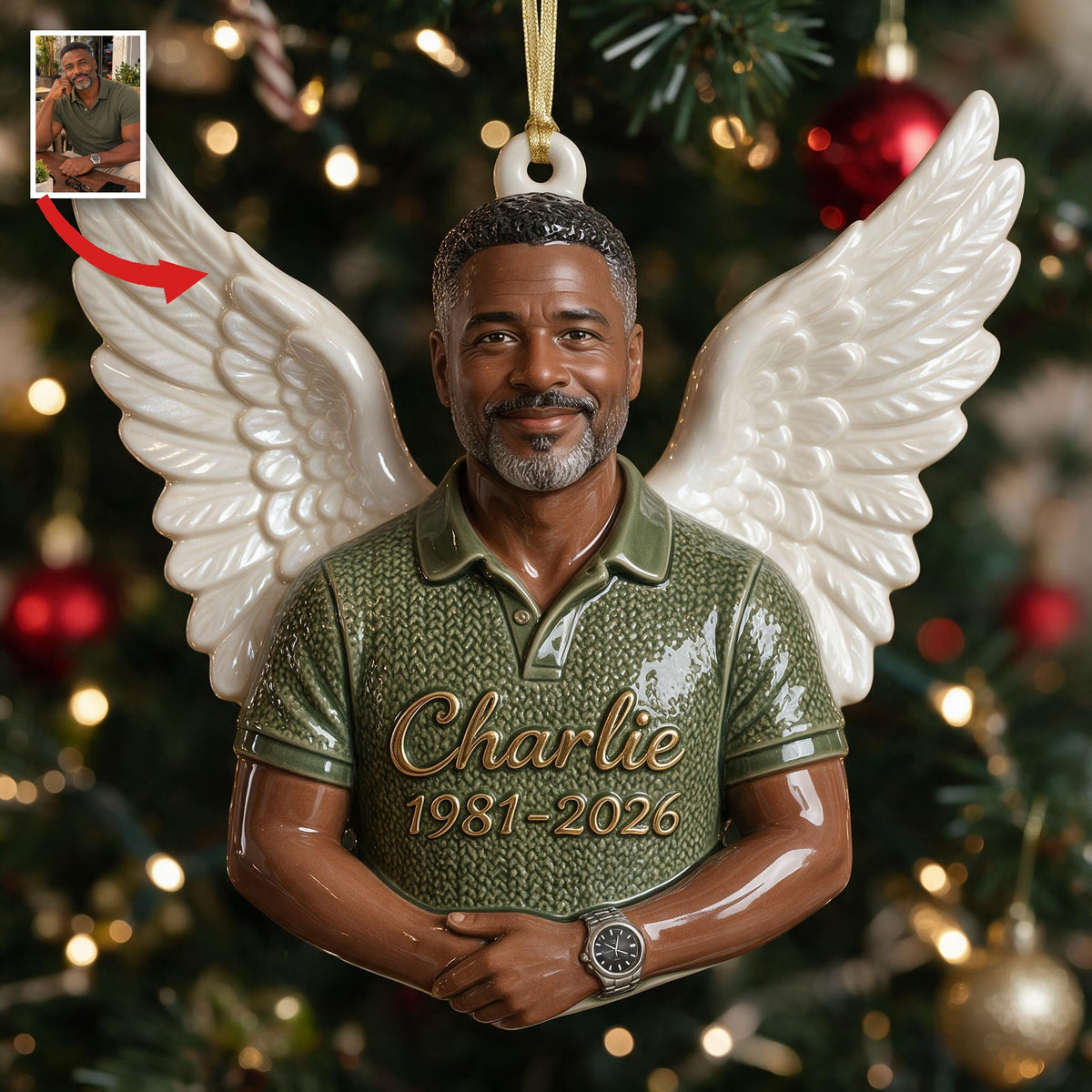 Personalized Christmas Middle-Aged Black Man Memorial 3D Ornament, Dad Husband Keepsake