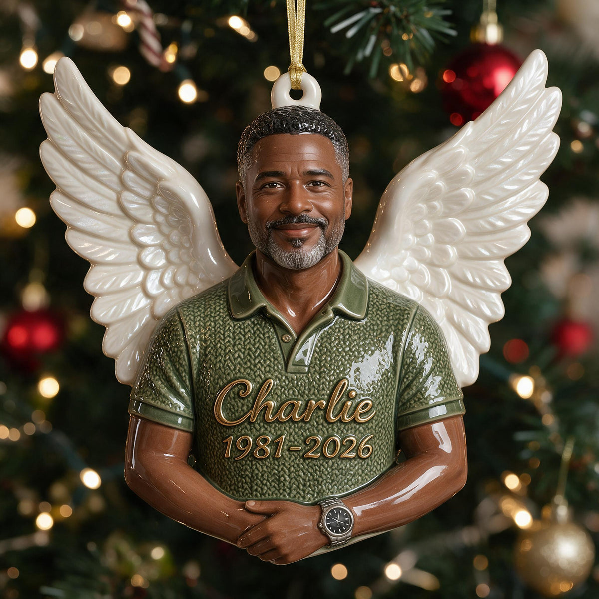 Personalized Christmas Middle-Aged Black Man Memorial 3D Ornament, Dad Husband Keepsake